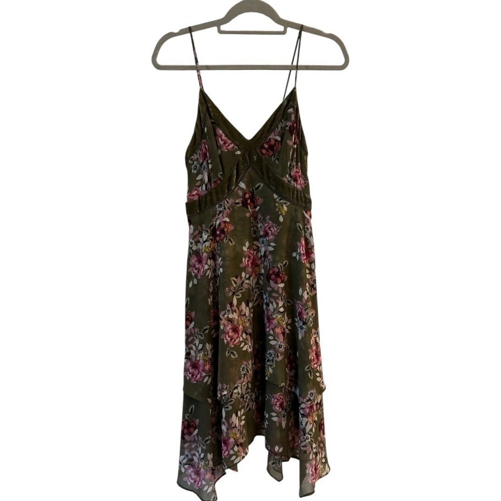 White House Black Market Floral Y2K Handkerchief Dress Size 4 Fairy Velvet Trim